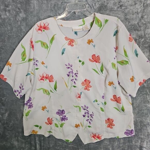 Christie & Jill Vintage 24W Floral Blouse red white green pullover short sleeve - Picture 1 of 10